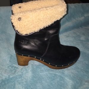 Barely worn black UGGs with fur and wooden heel