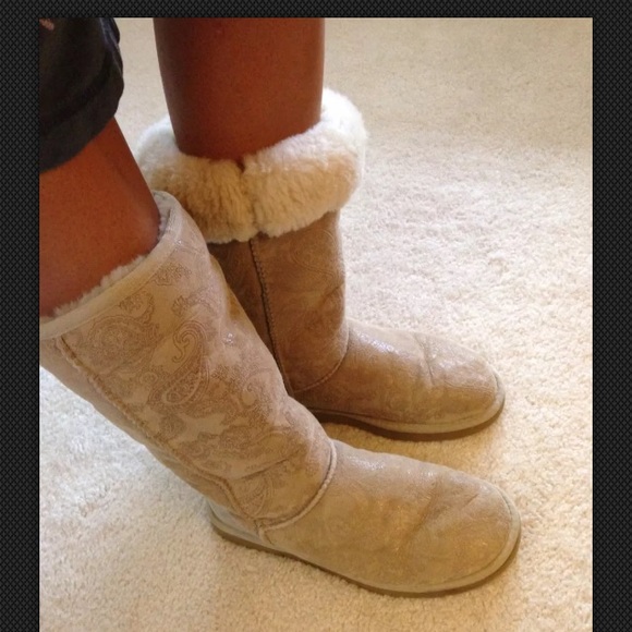 Leather Baroque UGG Boots Sand shimmery paisley