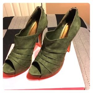 ShoeDazzle Dark Green Suede Open Toe Booties