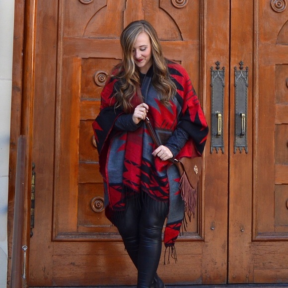 Red Aztec print poncho
