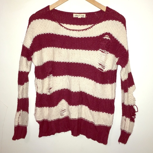 Comfy Maroon and Creme Distressed Sweater
