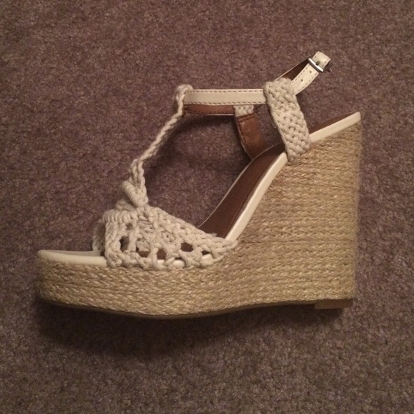 Cream, crochet wedge sandal