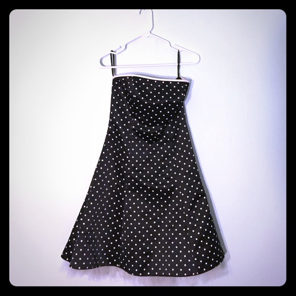 Strapless black and white polka dot dress.