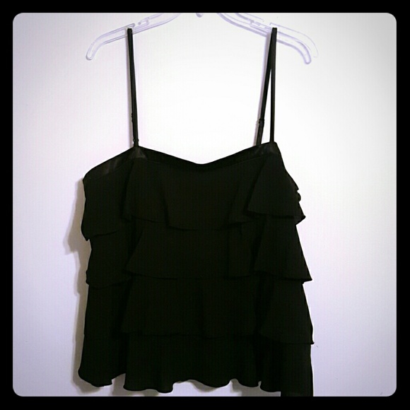 Ruffled black top with satin trim