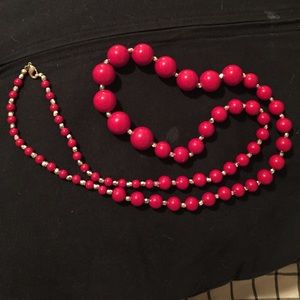 Long red and silver beaded necklace