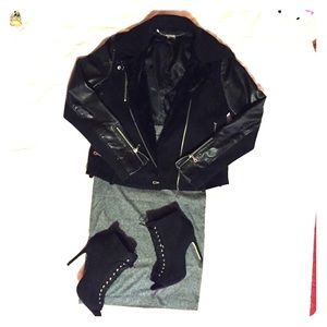 Worn DKNY Black Moto Jacket with Fur Lapel