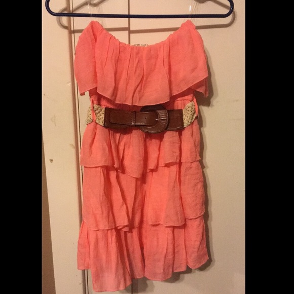 Strapless Coral Ruffled Dress