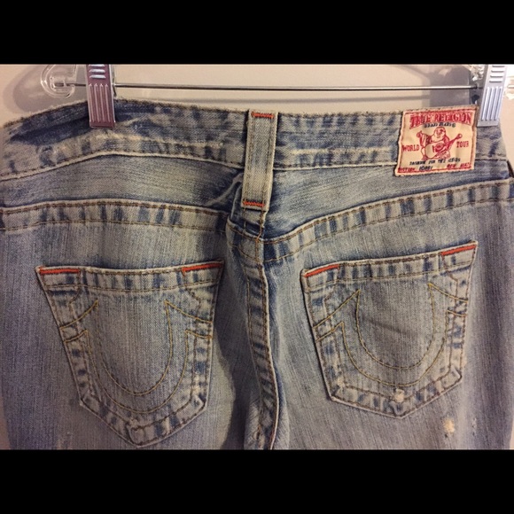 True Religion distressed flare jeans.