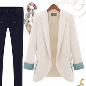 NWT White Blazer w/ Light Blue Cuffs - S
