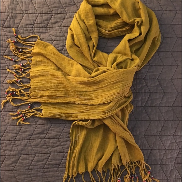 Mustard yellow linen scarf with beads