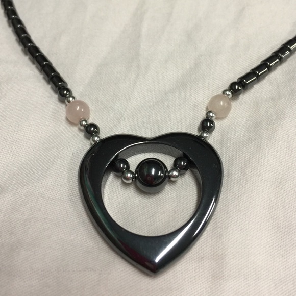 Open Heart Hematite & Pink Quartz Necklace - Picture 2 of 4