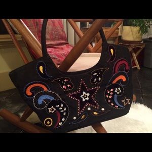 Detailed stitched black fabric shoulder bag