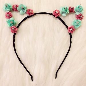 Pink & green floral cat ears flower headband