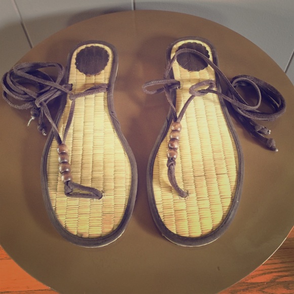 Wood Beaded Leather Wrap Thong Sandals