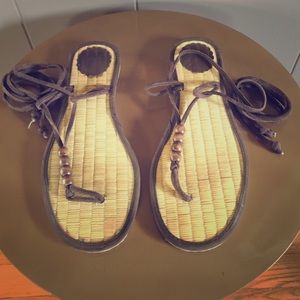 Wood Beaded Leather Wrap Thong Sandals