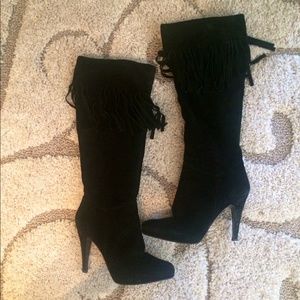 Black Fringe Knee High Boots