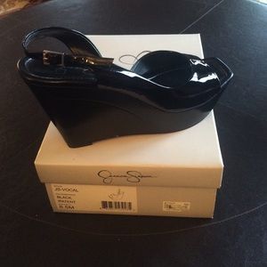 Jessica Simpson Black patent leather wedges 8.5