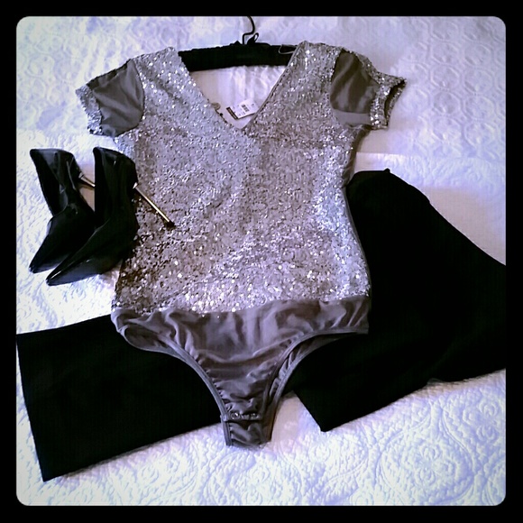 Body Central Tops - Silver Body Suit