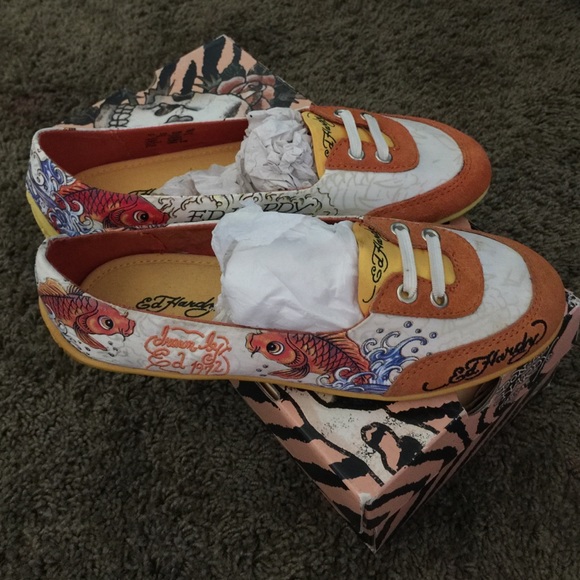 NIB Ed hardy koi fish eye candy slip on flats. 5