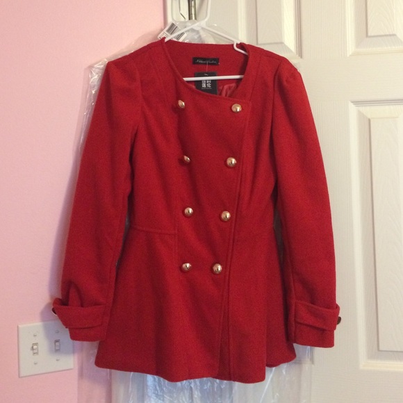 Fitted-Waist Red Peacoat