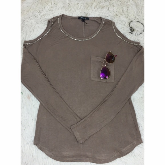 Mocha Embellished  Cold Shoulder Long Sleeve - Picture 3 of 4
