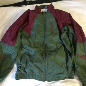 Green and Burgundy Adidas jacket.