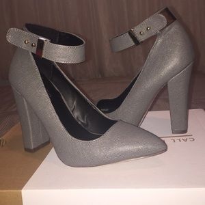 Chunky Gray heels with ankle strap!