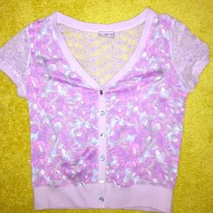 Free People purple floral (kind of cropped) top.