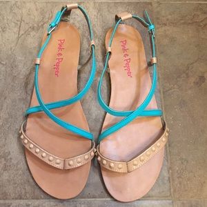 Teal and tan flat sandals