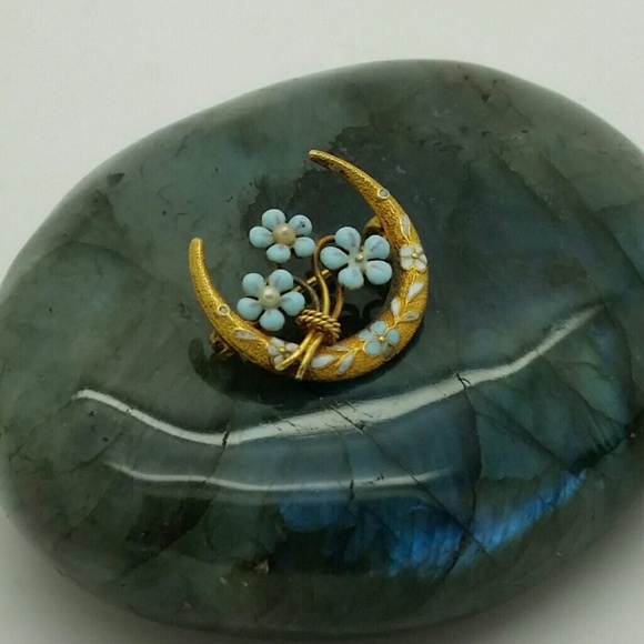 Antique 14k Rose Gold Crescent Pin Blue Enamel