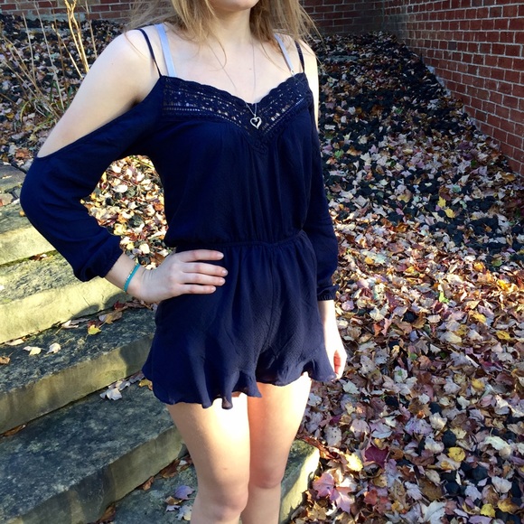 Off-the-shoulder crochet-insert romper