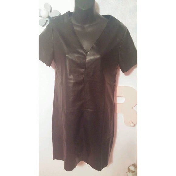 Short VNeck Faux Black Leather  Dress