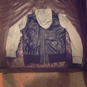 Leather jacket, sweater material sleeves and hood