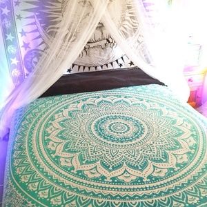 Blue green and white mandala tapestry