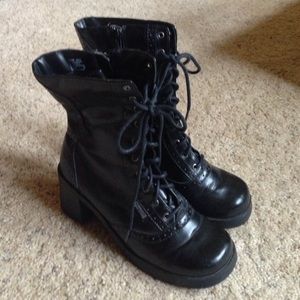 Black faux lather  lace up heel combat boots