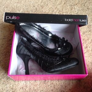 Black satin high heels ruffle black leather detail