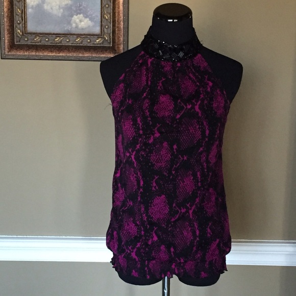 INC Snake-Print Halter Top with Beaded Neckline