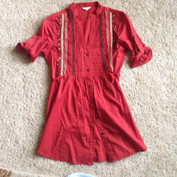 Burnt orange red tunic 3/4 sleeves button down - Picture 1 of 2
