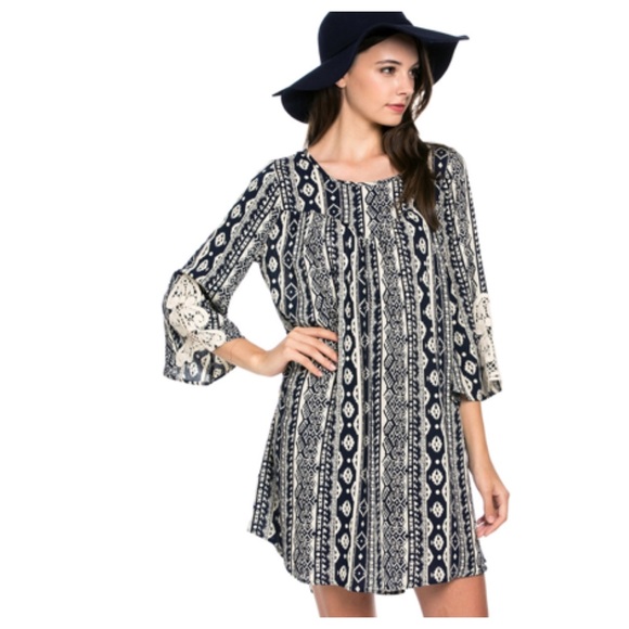 Navy tribal print lace sleeve dress - Picture 4 of 4