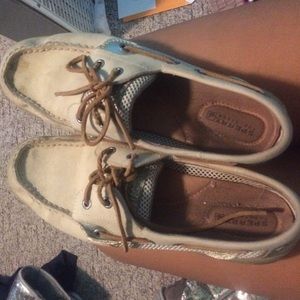 womens size 8 1/2 cream and brown sperry topsiders