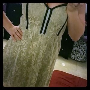 Strapless, olive colored, floral dress