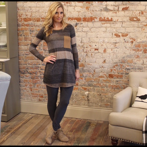 Tops - Gray striped faux suede pocket tunic