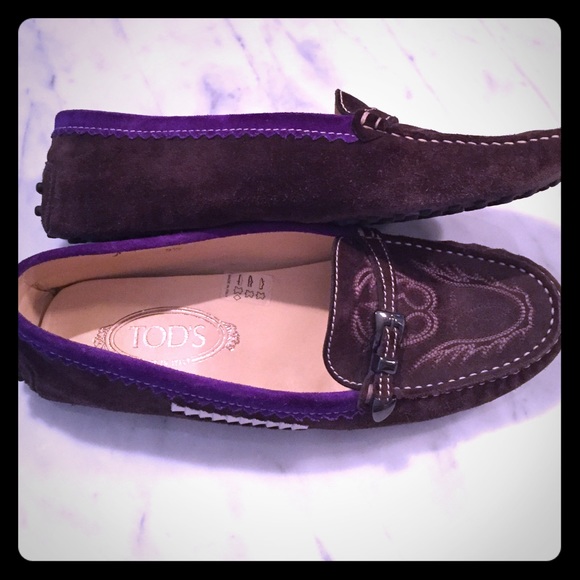 Tod's Loafers...brown suede with purple detail