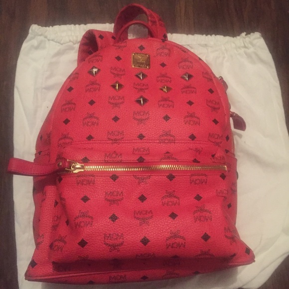 mcm red studded backpack