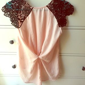 Baby Pink Sheer Tee with Lace Sleeves