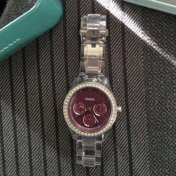 Clear resin Fossil Watch with Purple face.