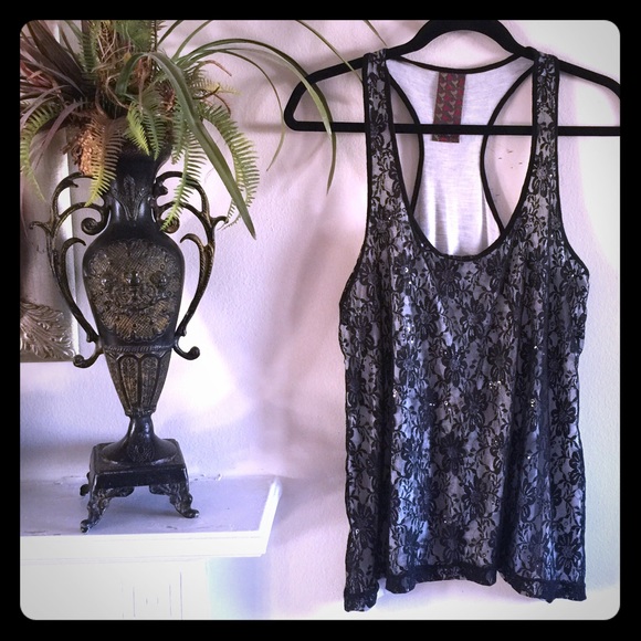 Black and Beige Lace Tank
