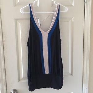 Black long top with blue and white design