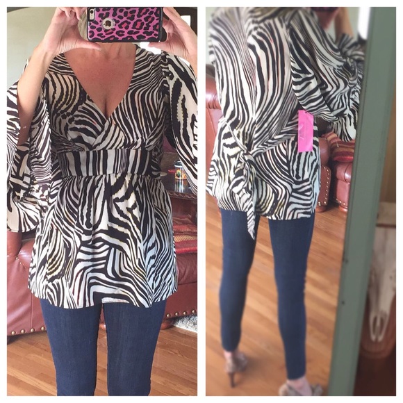 Betsey Johnson Zebra Print Waist Tie Blouse Shirt - Picture 2 of 4