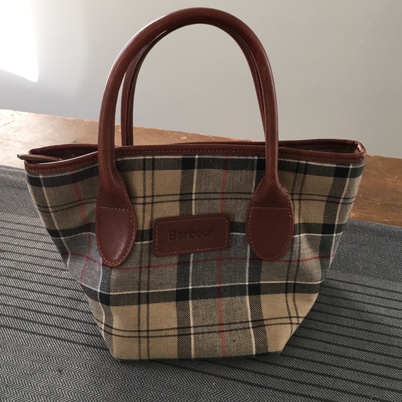 Small Barbour tan plaid handbag leather handles